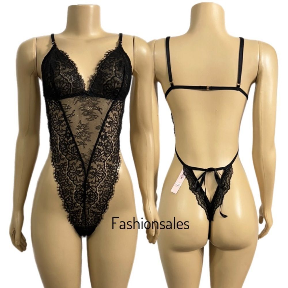Victoria’s Secret Luxe Lingerie Sexy Strappy Lace Teddy Black Large